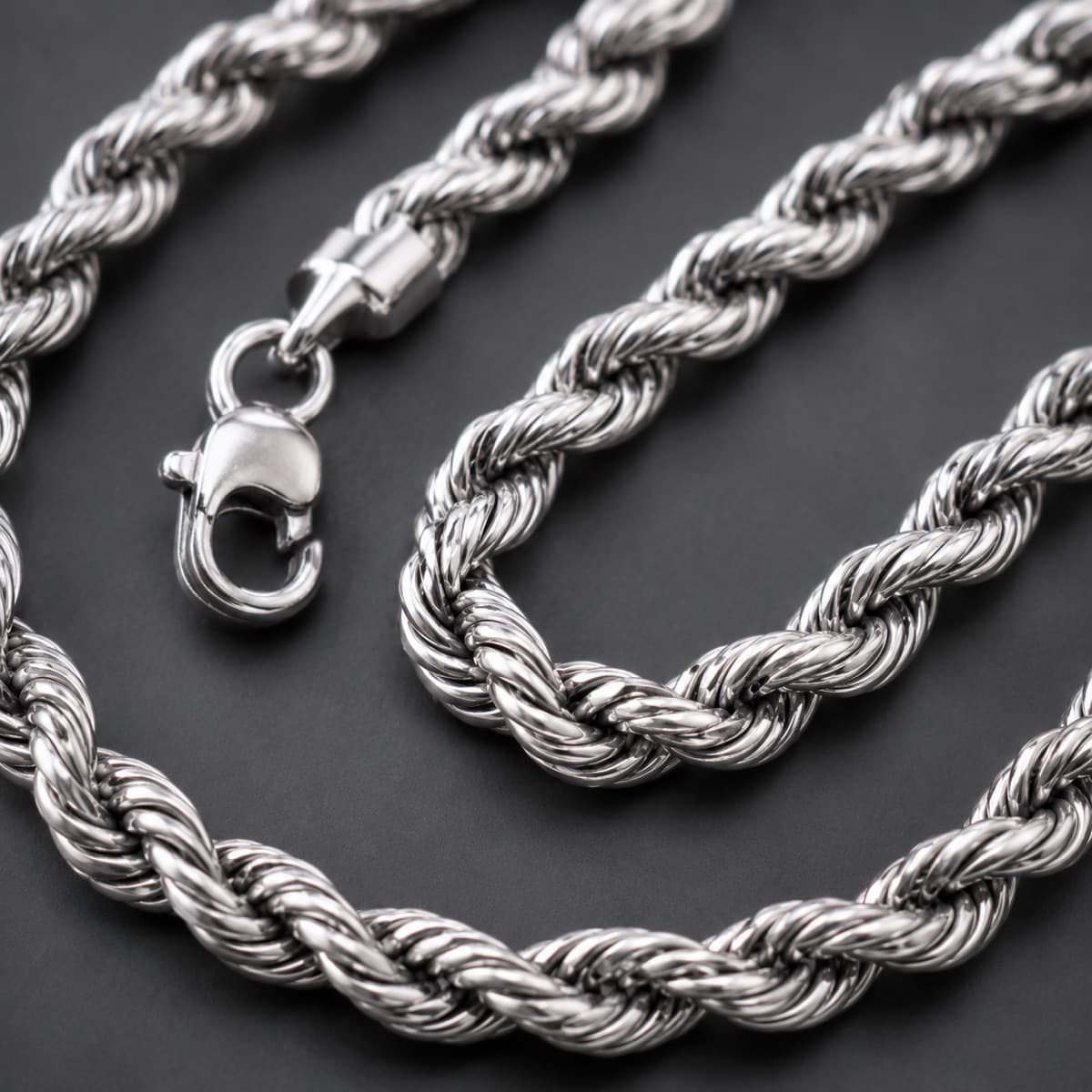 Rope Chain 2 mm in solid 925 sterling silver, photographed against a dark grey background